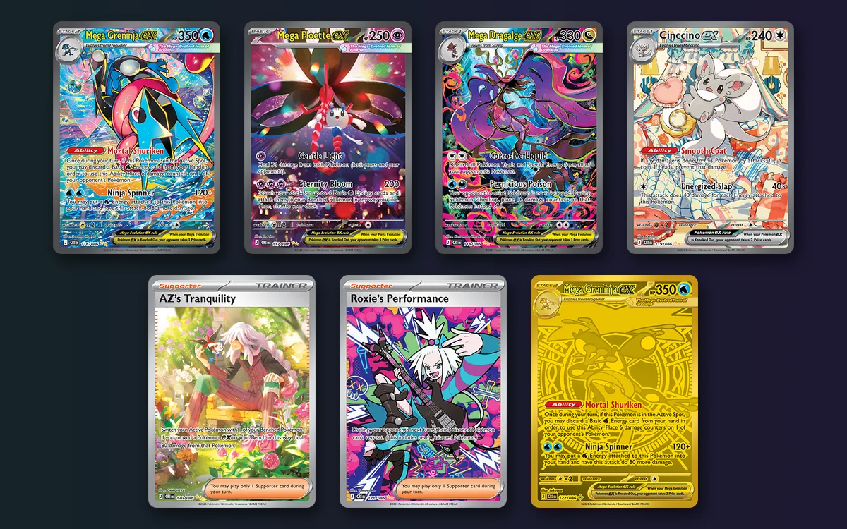 The six Chaos Rising special illustration rares and the gold Mega Hyper Rare in two rows: Mega Greninja ex 116, Mega Floette ex 117, Mega Dragalge ex 118 and Cinccino ex 119 on top, AZ's Tranquility 120, Roxie's Performance 121 and the gold Mega Greninja ex 122 below