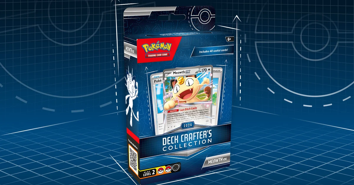 The Deck Crafter's Collection box: Meowth ex on the front, Play Level 2 and "Includes 40 useful cards!" on the packaging