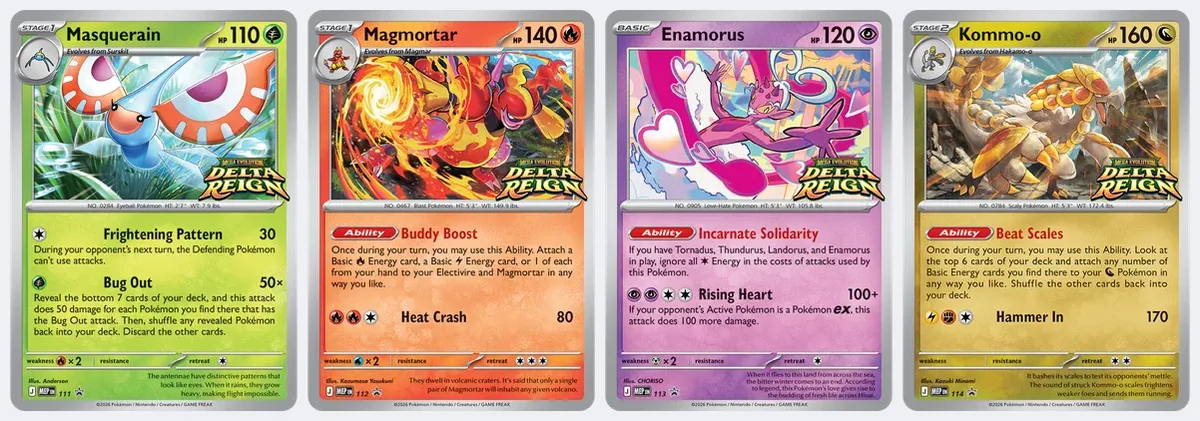 The four foil promos side by side: Masquerain, Magmortar, Enamorus and Kommo-o, each with the Delta Reign logo