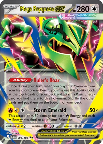 Mega Rayquaza ex 084, the Delta Reign Double Rare whose Mega Rayquaza artwork is on the front of the Elite Trainer Box