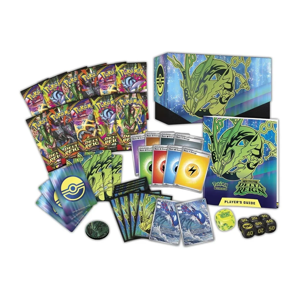 Everything in the Delta Reign Pokémon Center Elite Trainer Box laid out: the box, 11 booster packs, card sleeves, Energy cards, dice, a coin, the player's guide and the two Kyogre promos