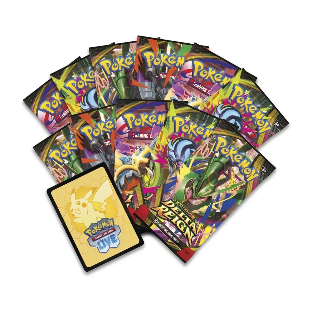 The 11 Delta Reign booster packs from the Pokémon Center Elite Trainer Box, fanned out, with the Pokémon TCG Live code card
