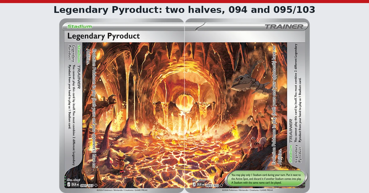 The two halves of Legendary Pyroduct, card numbers 094 and 095 of 103, placed side by side so their lava cave artwork joins into one picture