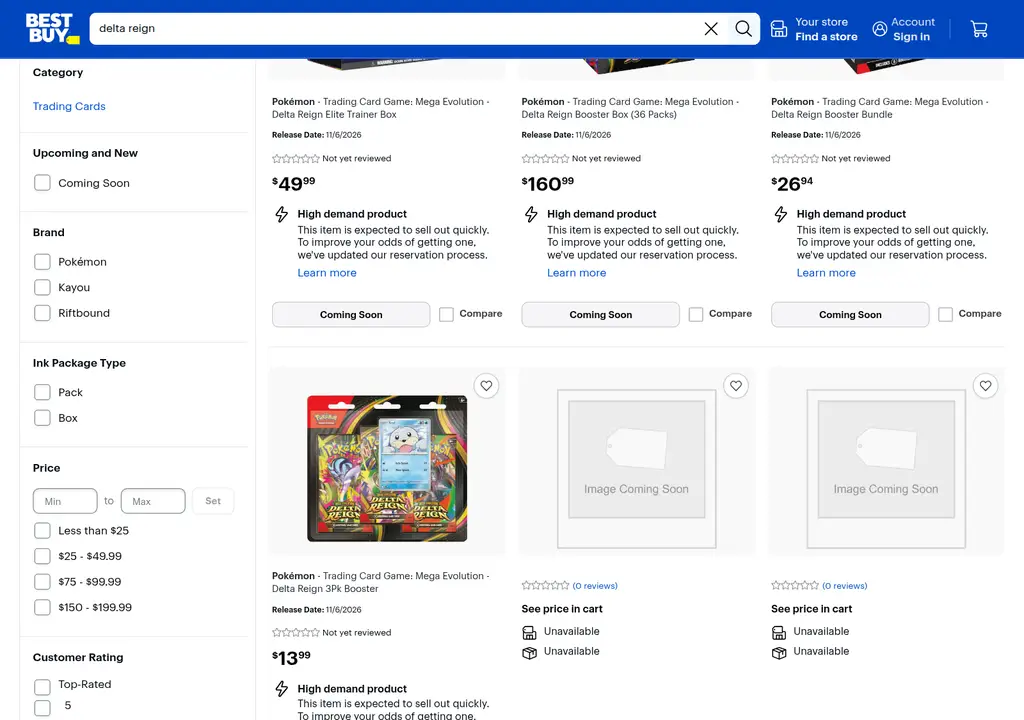 Best Buy search results for Delta Reign on October 17, 2026: Elite Trainer Box $49.99, Booster Box (36 Packs) $160.99, Booster Bundle $26.94 and 3-pack booster $13.99, each marked Coming Soon and High demand product