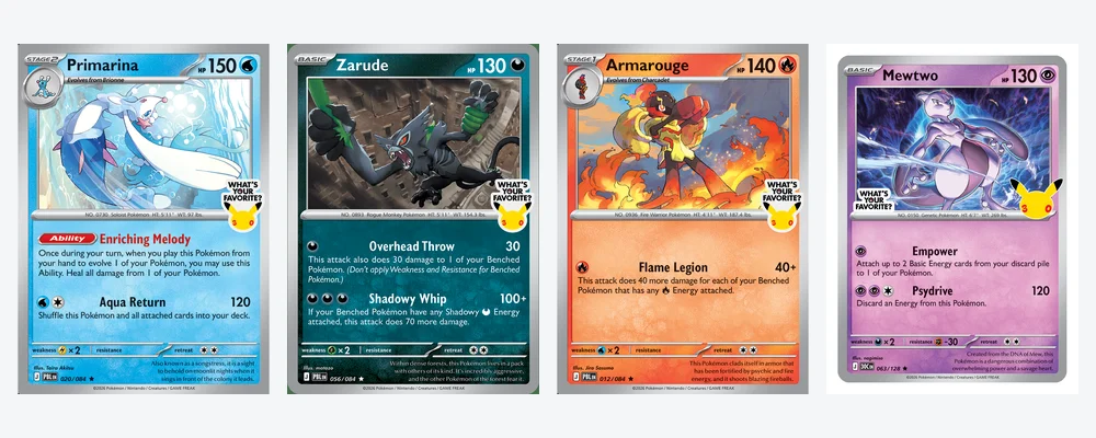 The four earlier What's Your Favorite stamped store promos: Primarina 020/084, Zarude 056/084 and Armarouge 012/084 from Pitch Black, and Mewtwo 063/128 from 30th Celebration