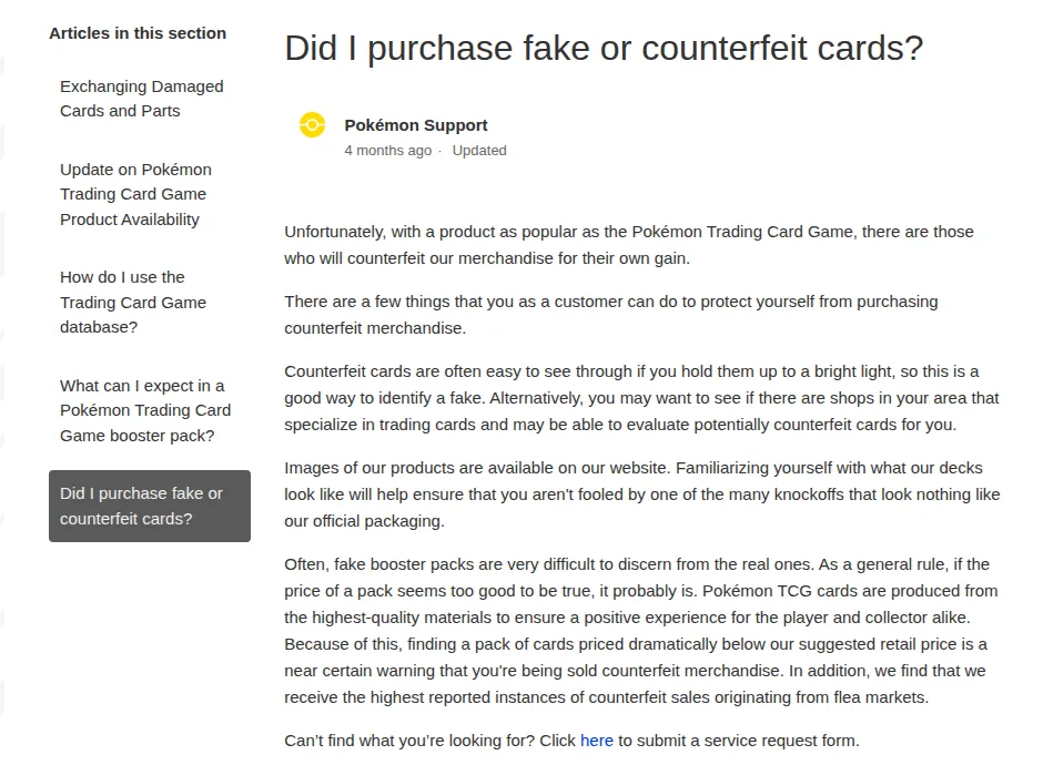 Pokémon Support article titled Did I purchase fake or counterfeit cards, advising a bright light test, local card shops and caution with cheap packs and flea markets