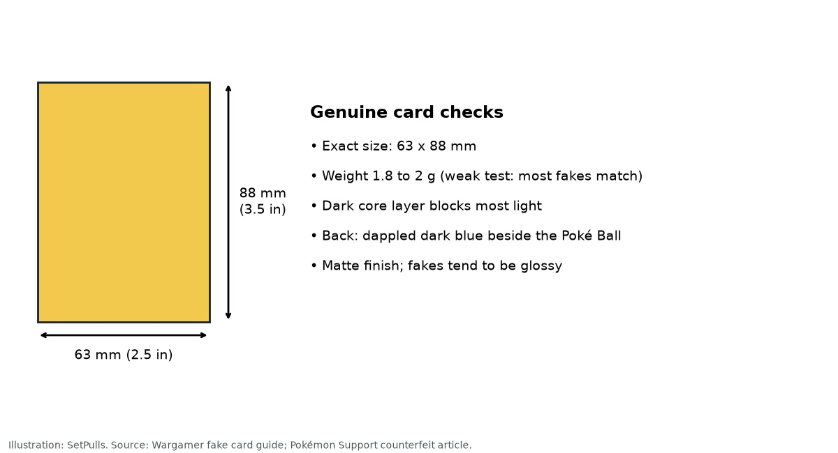 Diagram of a card outline measuring 63 by 88 millimeters next to a list of genuine card checks: exact size, 1.8 to 2 gram weight, dark core layer, dappled blue back and matte finish