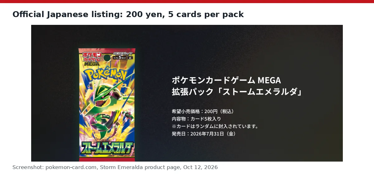 Screenshot of Pokémon Japan's official Storm Emeralda product listing showing the pack art, a suggested retail price of 200 yen including tax, 5 cards per pack and a July 31, 2026 release date