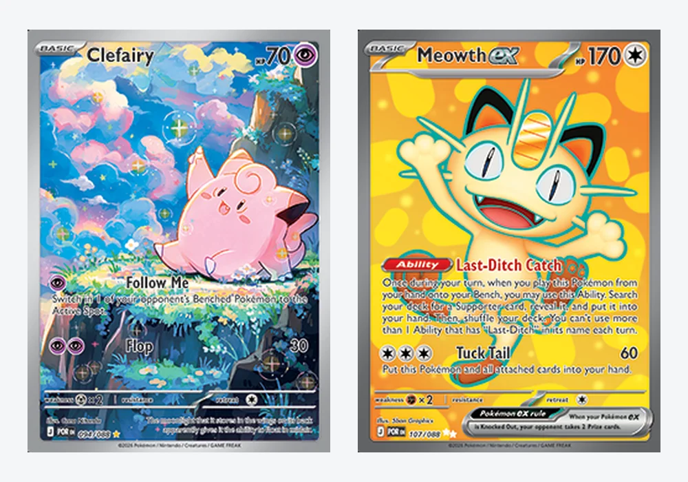 Official card images of Clefairy 094/088, an Illustration Rare illustrated by Cona Nitanda, and Meowth ex 107/088, an Ultra Rare, both from Perfect Order