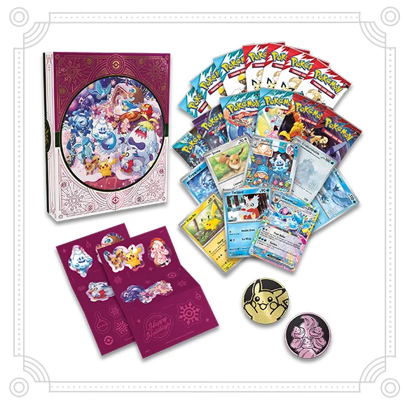 The 2025 Pokémon TCG Holiday Calendar box beside its contents: booster packs, eight stamped foil promos including Pikachu, Eevee, Delibird and Glaceon ex, two coins and two sticker sheets