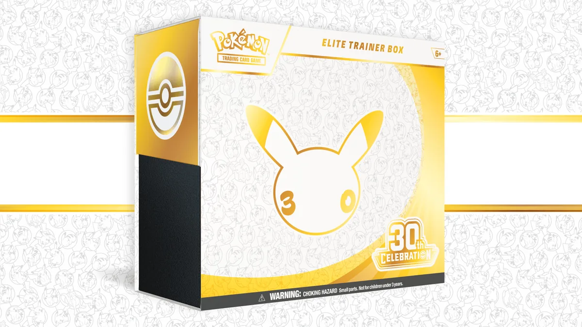 White and gold 30th Celebration Elite Trainer Box with a large Pikachu outline; the box includes 65 card sleeves