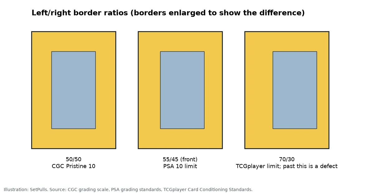 Three card outlines comparing left and right borders at 50/50 for CGC Pristine 10, 55/45 for PSA 10 and 70/30 for TCGplayer's limit
