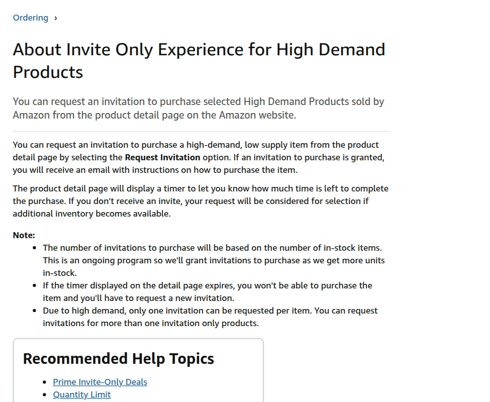 Amazon help page About Invite Only Experience for High Demand Products, explaining the Request Invitation option, the purchase timer and one request per item