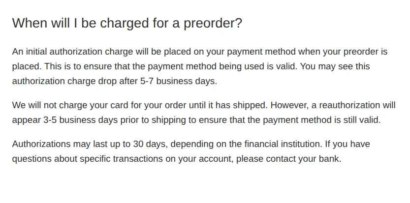 Pokémon Center Support's answer to When will I be charged for a preorder, covering the authorization, the reauthorization and the charge at shipping