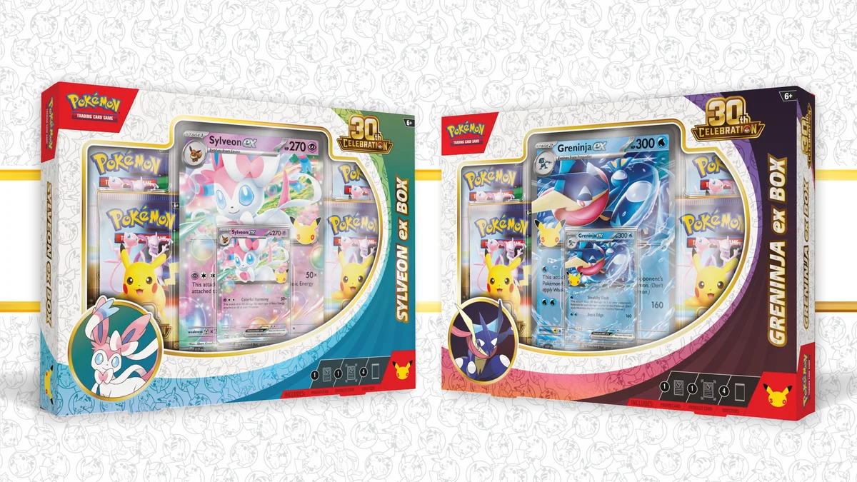 Sylveon ex Box and Greninja ex Box side by side, each showing its foil promo and packs through the window