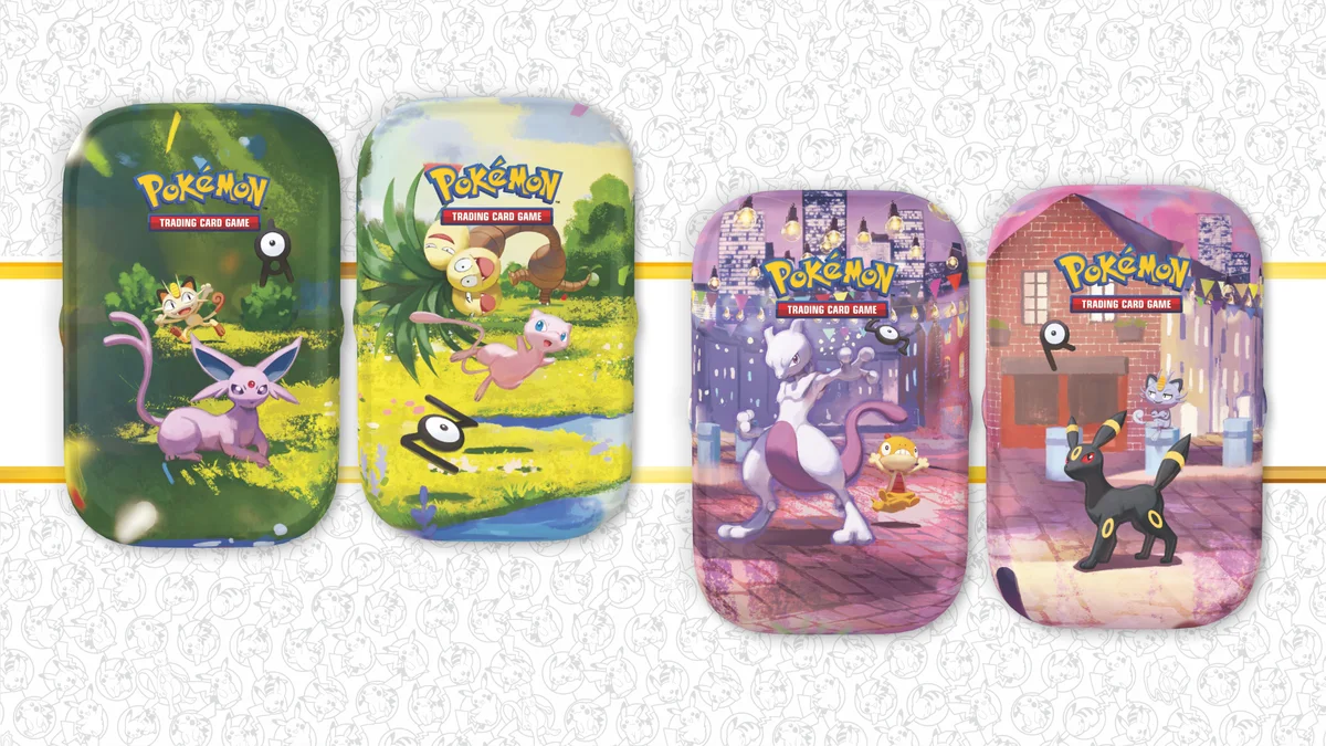 Four 30th Celebration mini tins with Espeon, Mew, Mewtwo and Umbreon artwork on their lids