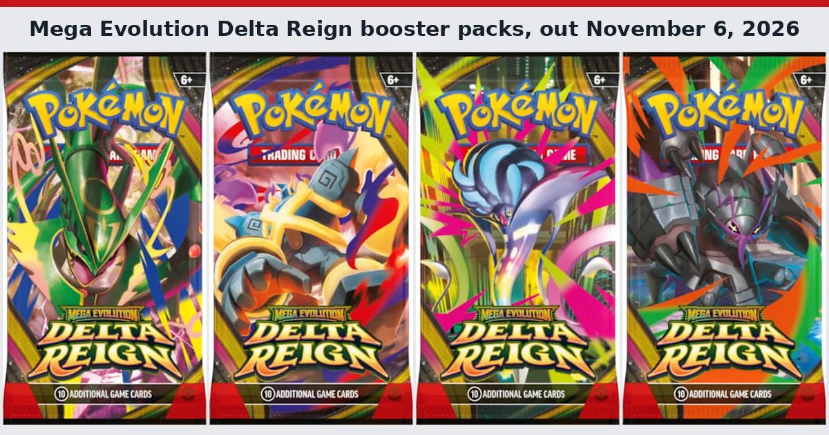 Four Mega Evolution Delta Reign booster pack wraps with Mega Rayquaza, Mega Golurk, Mega Malamar and Mega Golisopod artwork