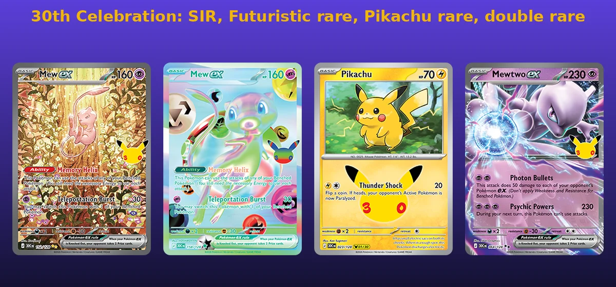 Four 30th Celebration cards: Mew ex special illustration rare, Futuristic Mew ex, a yellow Pikachu rare and Mewtwo ex