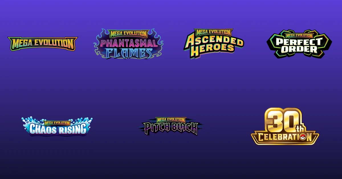 Official logos of seven Mega Evolution Series sets on an indigo background