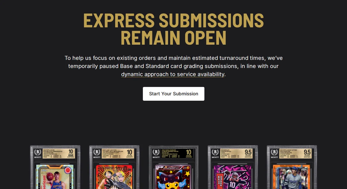 Beckett grading page headline reading Express Submissions Remain Open, with a note that Base and Standard submissions are paused and a row of Beckett slabs below