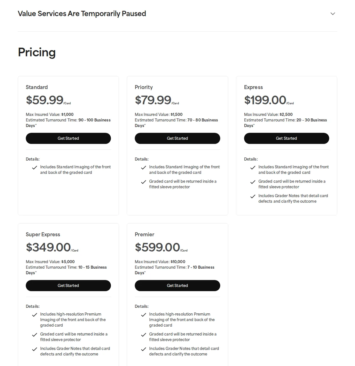 PSA pricing page showing the Value Services Are Temporarily Paused notice above five tiers: Standard $59.99, Priority $79.99, Express $199, Super Express $349 and Premier $599