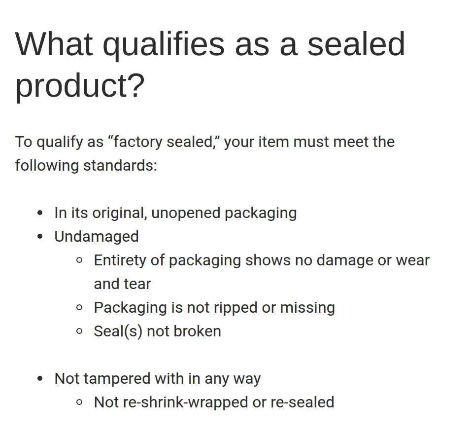 TCGplayer help page titled What qualifies as a sealed product, listing original unopened packaging, unbroken seals and no re-shrink-wrapping
