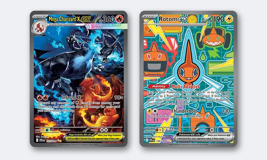 Mega Charizard X ex Special Illustration Rare 125/094 next to Rotom ex Special Illustration Rare 126/094 from Phantasmal Flames