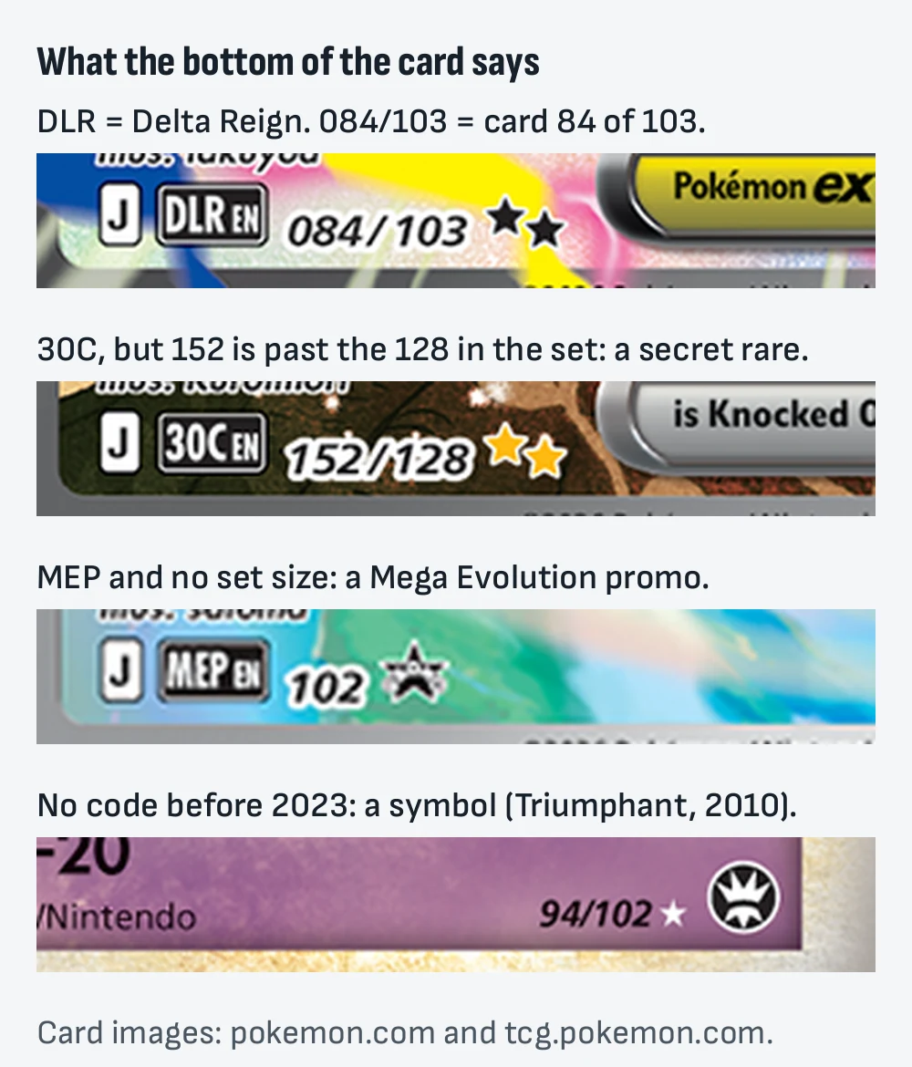 Bottom lines of four official card scans: Mega Rayquaza ex J DLR EN 084/103, Mew ex J 30C EN 152/128, Victini J MEP EN 102 with a promo star, and Gengar 94/102 with the Triumphant set symbol